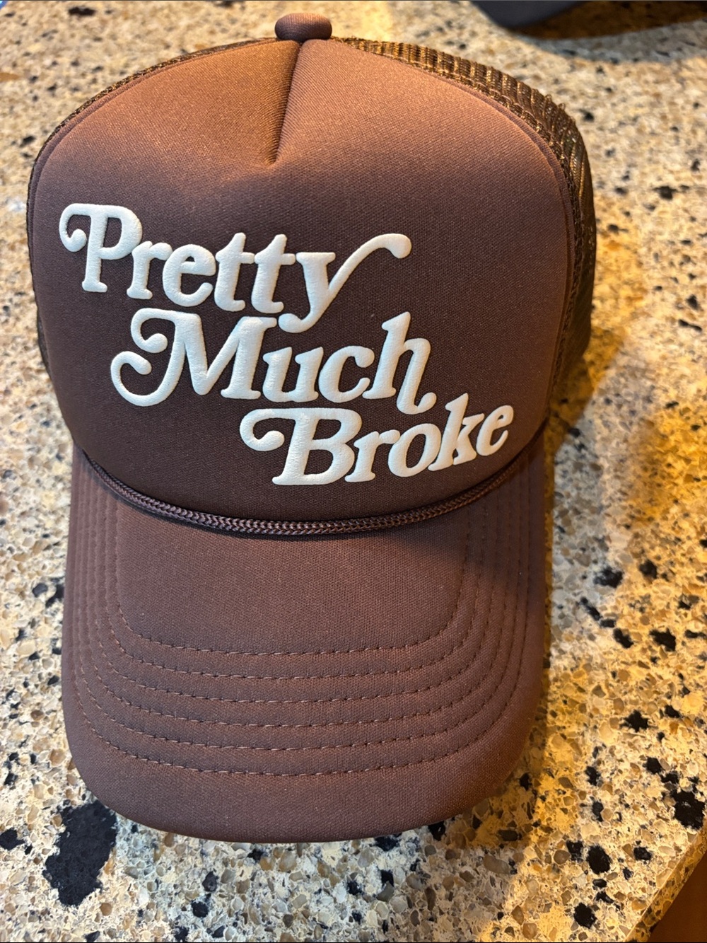 DOPE Brown Trucker Hat with White 'Pretty Much Broke' Script